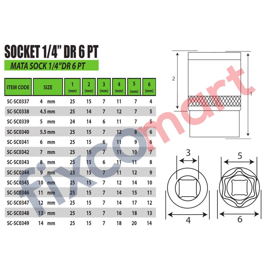 TEKIRO Socket 1/4" DR 6PT / Mata Sock 1/4" DR 6PT - 7 MM