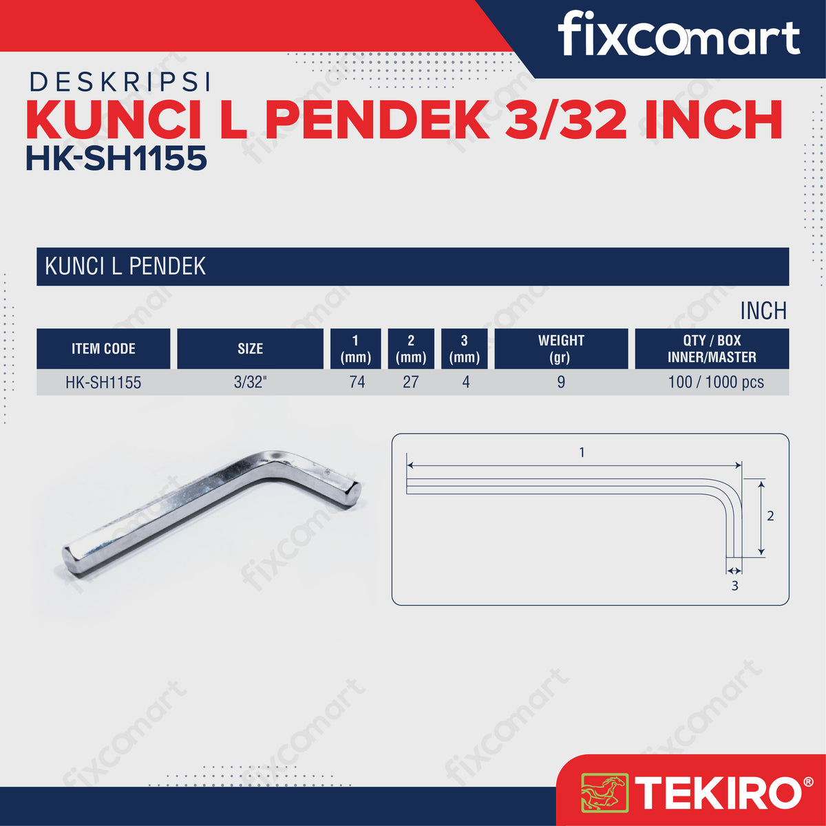 Tekiro Kunci L Pendek 5/32 inch / Hex Key Short