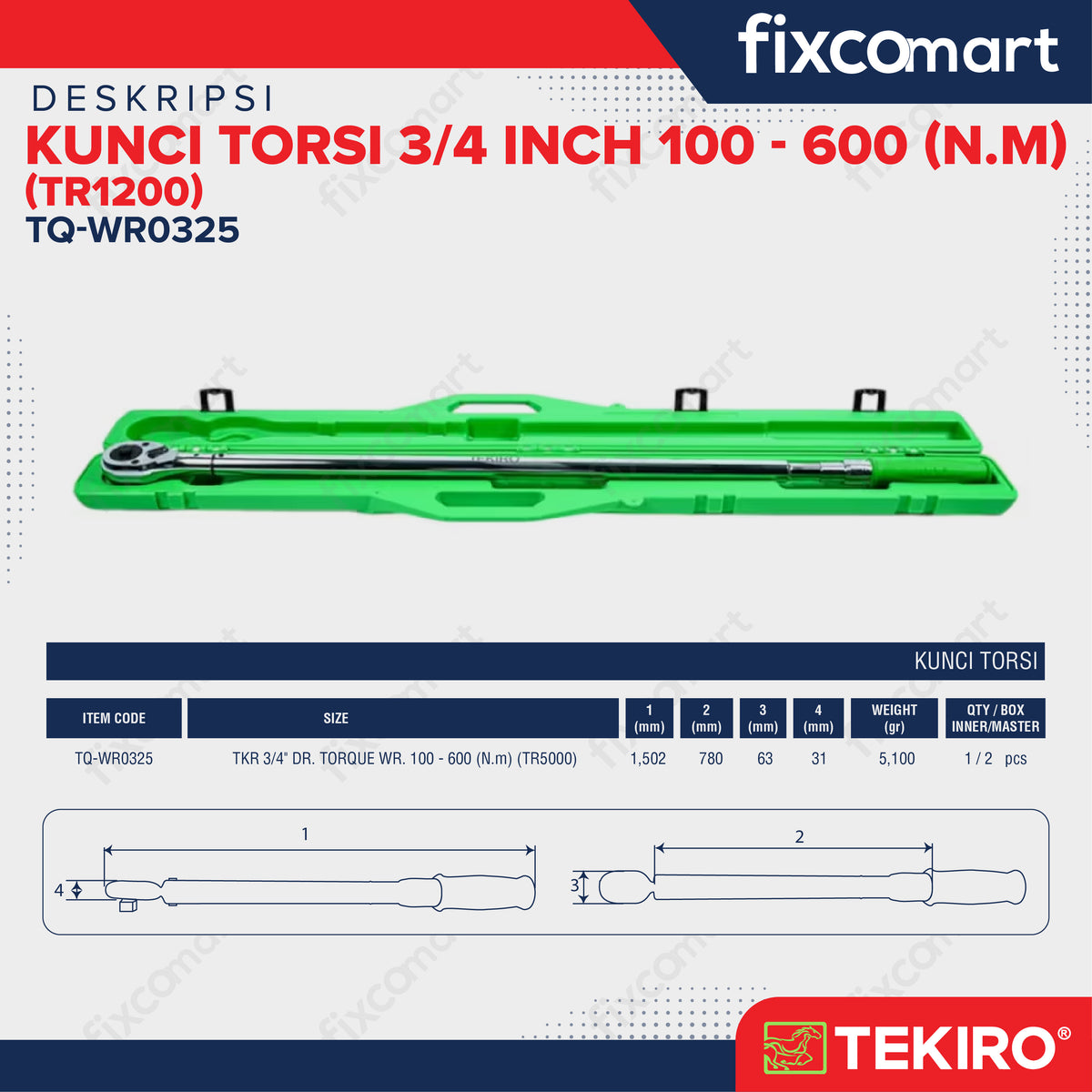 Tekiro Kunci Torsi 3/4 Inch 100-600 N.M (Tr5000) / Tekiro Kunci Momen / Kunci Torque