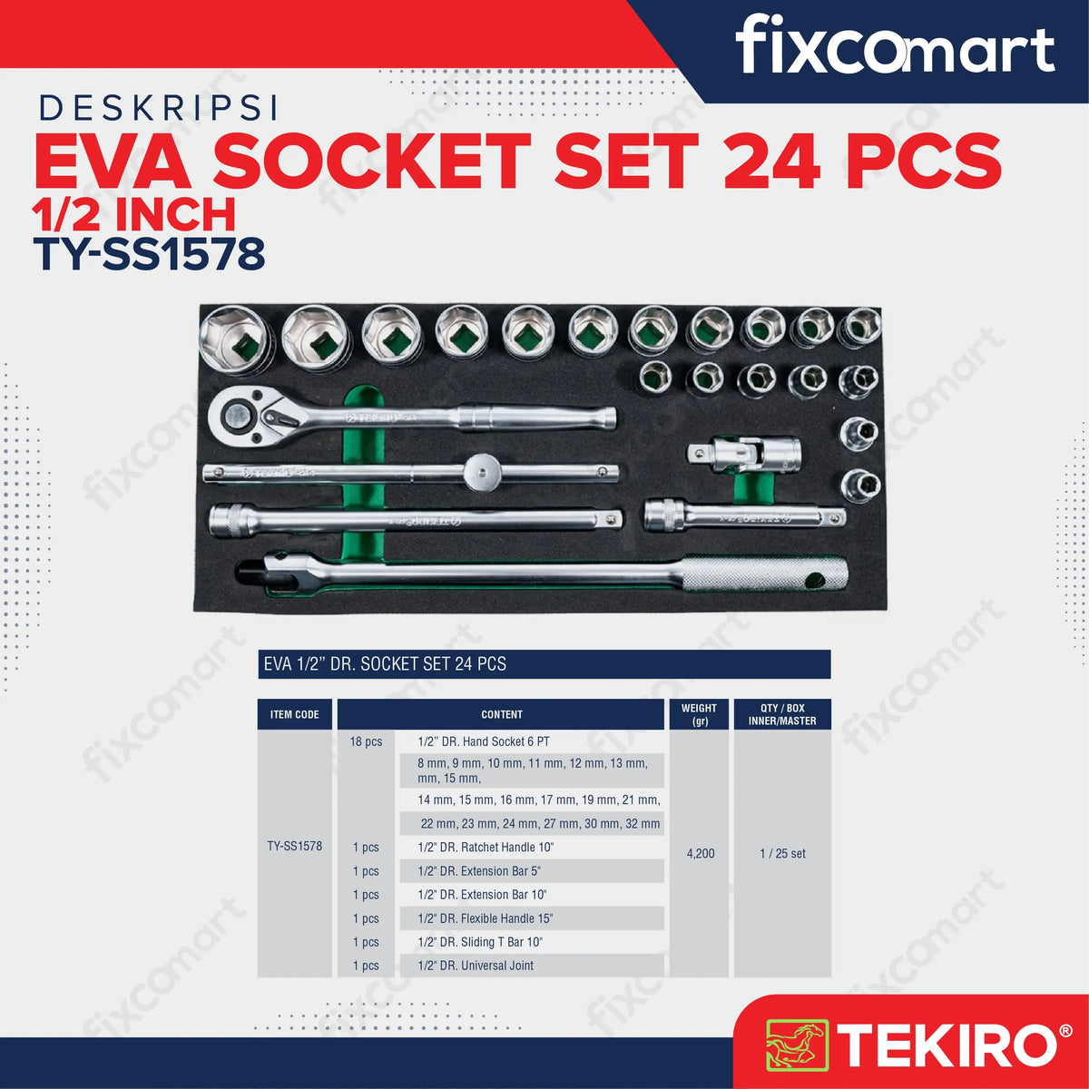Tekiro Eva 1/2 Inch Dr Socket Set 24 Pcs FIXCOMART