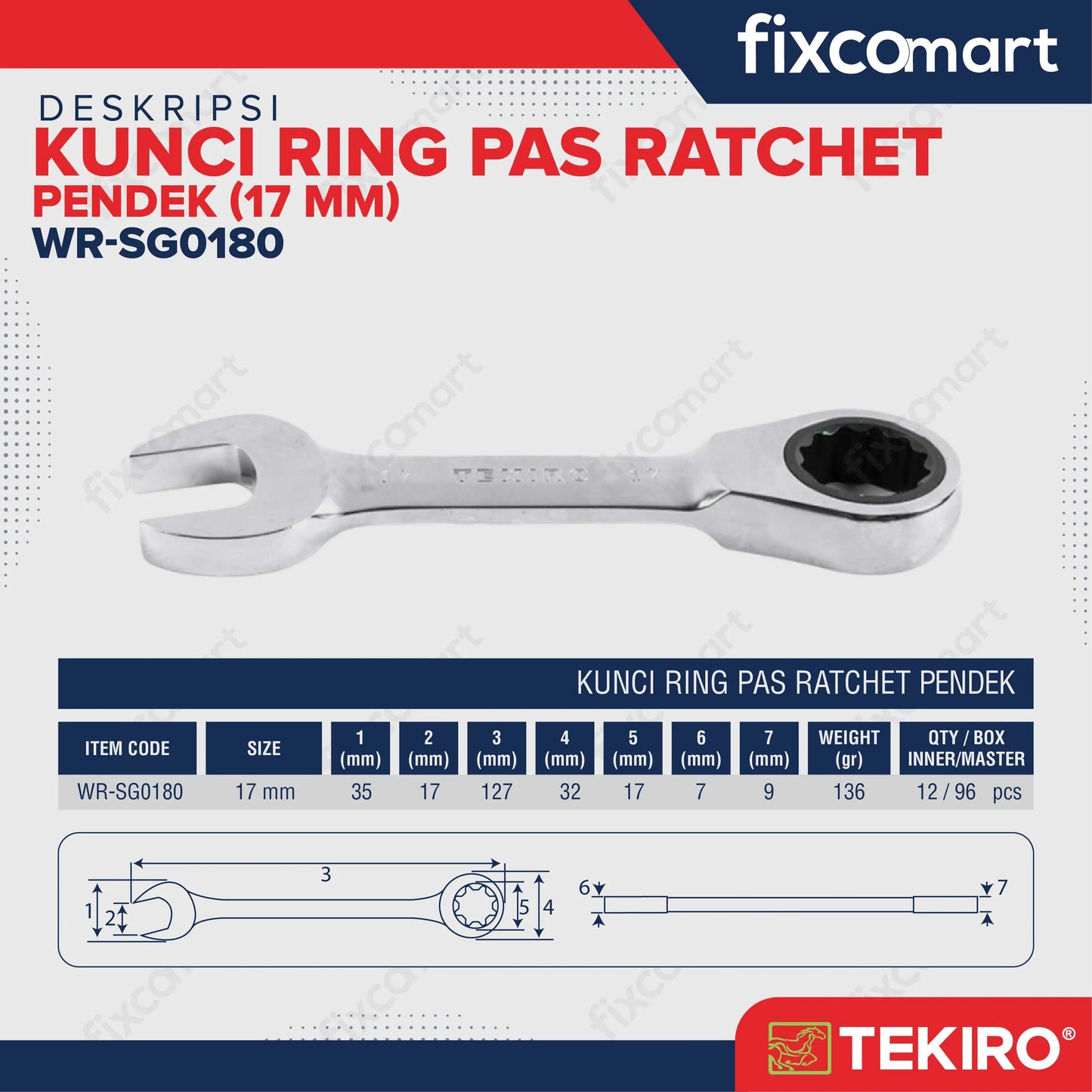 Tekiro Kunci Ring Pas Ratchet Pendek 17 Mm FIXCOMART