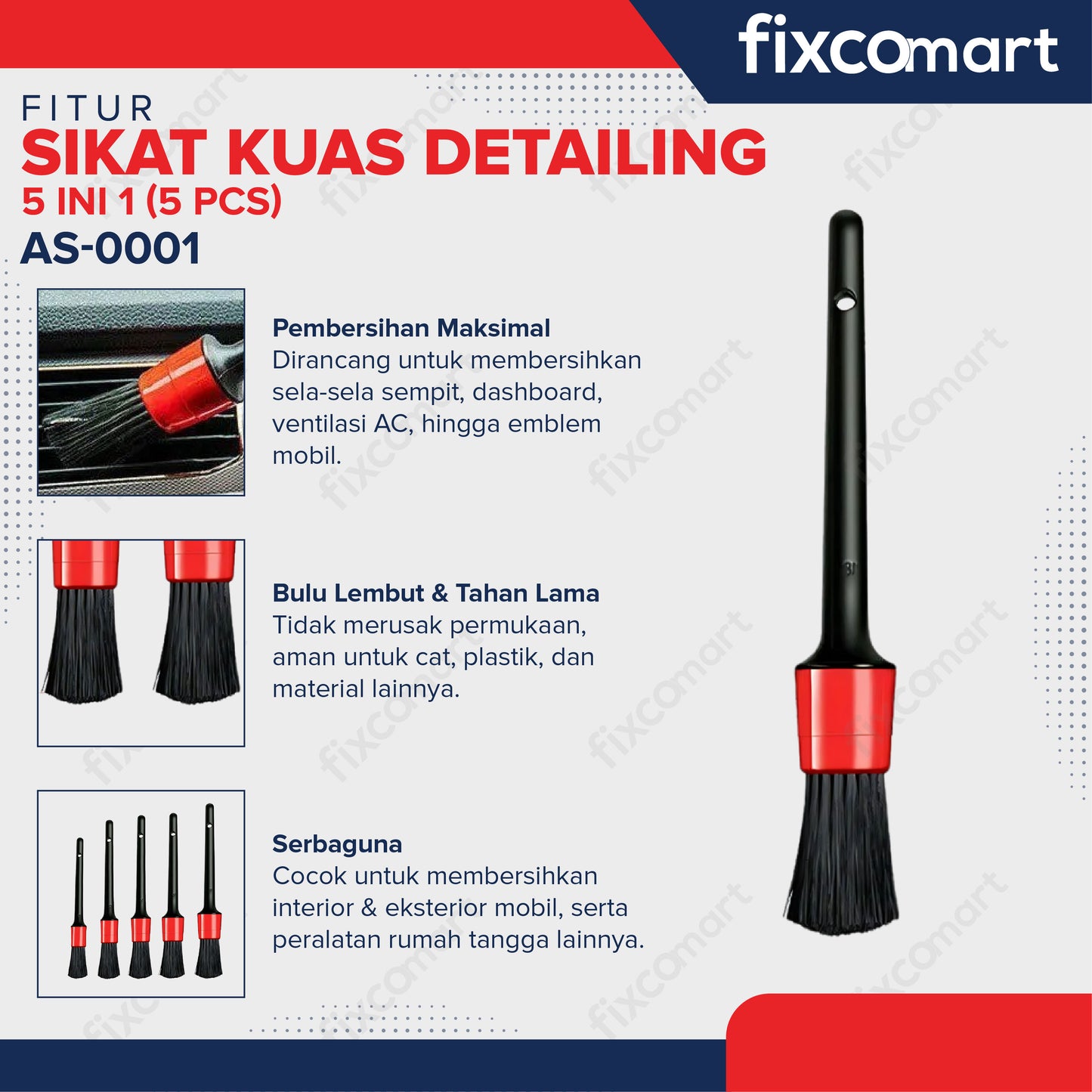 Sikat Kuas alat Detailing 5 Pcs Pembersih Debu Exterior Interior Dashboard 5 in 1 - Paket kuas detailing Interior Exterior Ruang Mesin Velg Mobil 5 IN 1