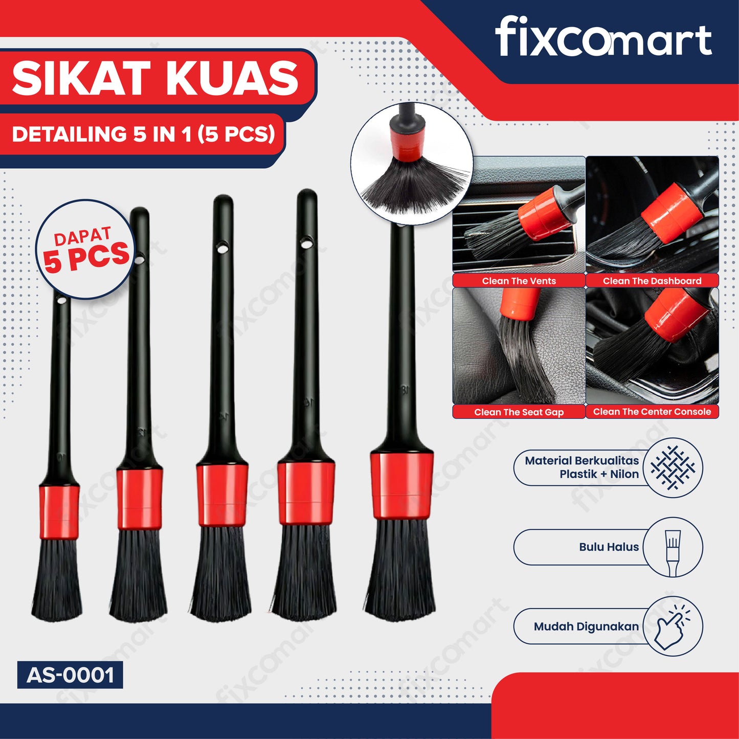Sikat Kuas alat Detailing 5 Pcs Pembersih Debu Exterior Interior Dashboard 5 in 1 - Paket kuas detailing Interior Exterior Ruang Mesin Velg Mobil 5 IN 1
