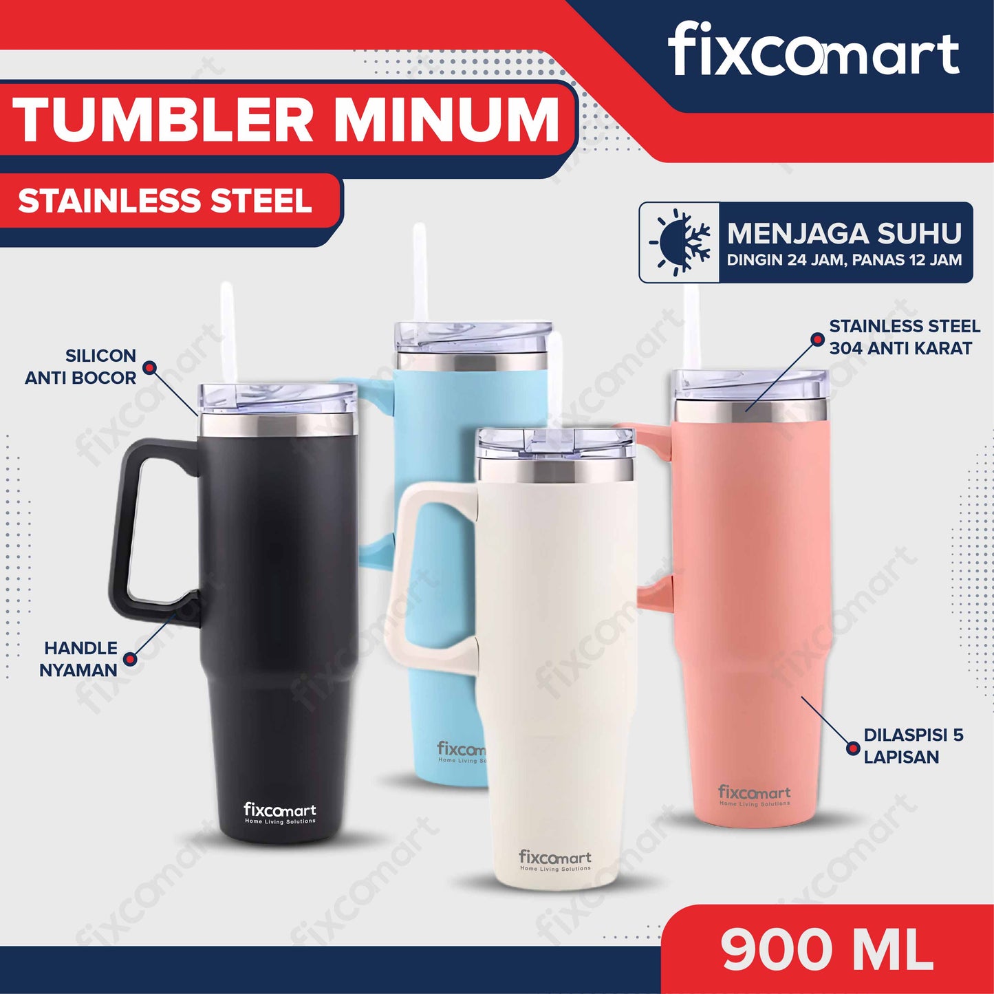 FIXCOMART TUMBLER STAINLESS GAGANG 900ML - Botol Minum besar Menjaga suhu Panas dan Dingin portable BPA FREE STAINLESS 304 - Botol Minum Dengan Gagang 900ML