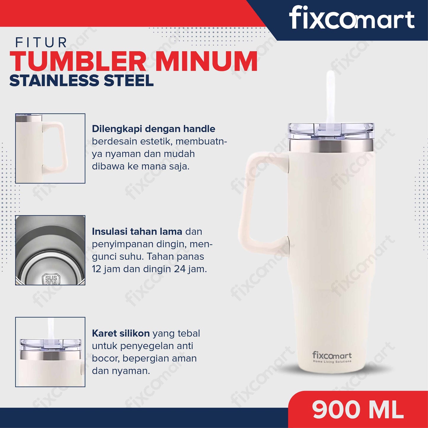 FIXCOMART TUMBLER STAINLESS GAGANG 900ML - Botol Minum besar Menjaga suhu Panas dan Dingin portable BPA FREE STAINLESS 304 - Botol Minum Dengan Gagang 900ML