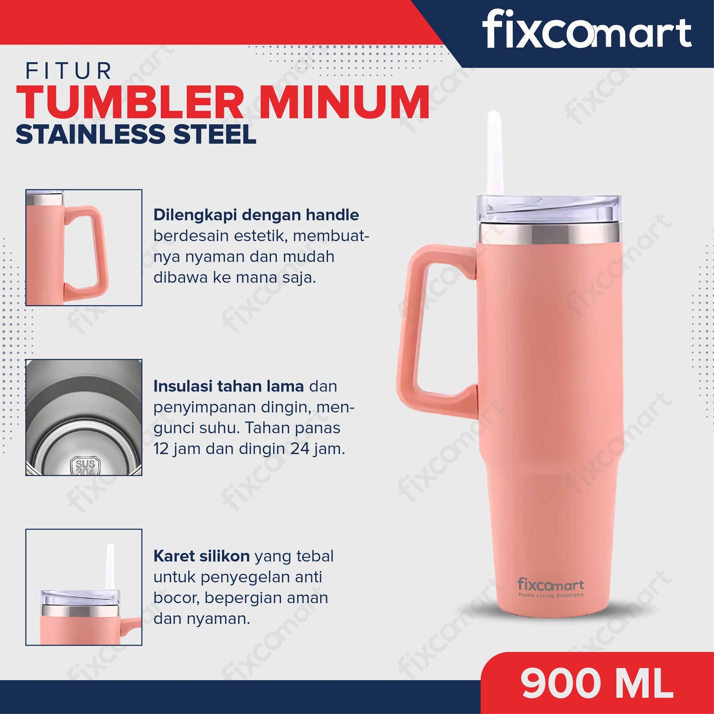 FIXCOMART TUMBLER STAINLESS GAGANG 900ML - Botol Minum besar Menjaga suhu Panas dan Dingin portable BPA FREE STAINLESS 304 - Botol Minum Dengan Gagang 900ML