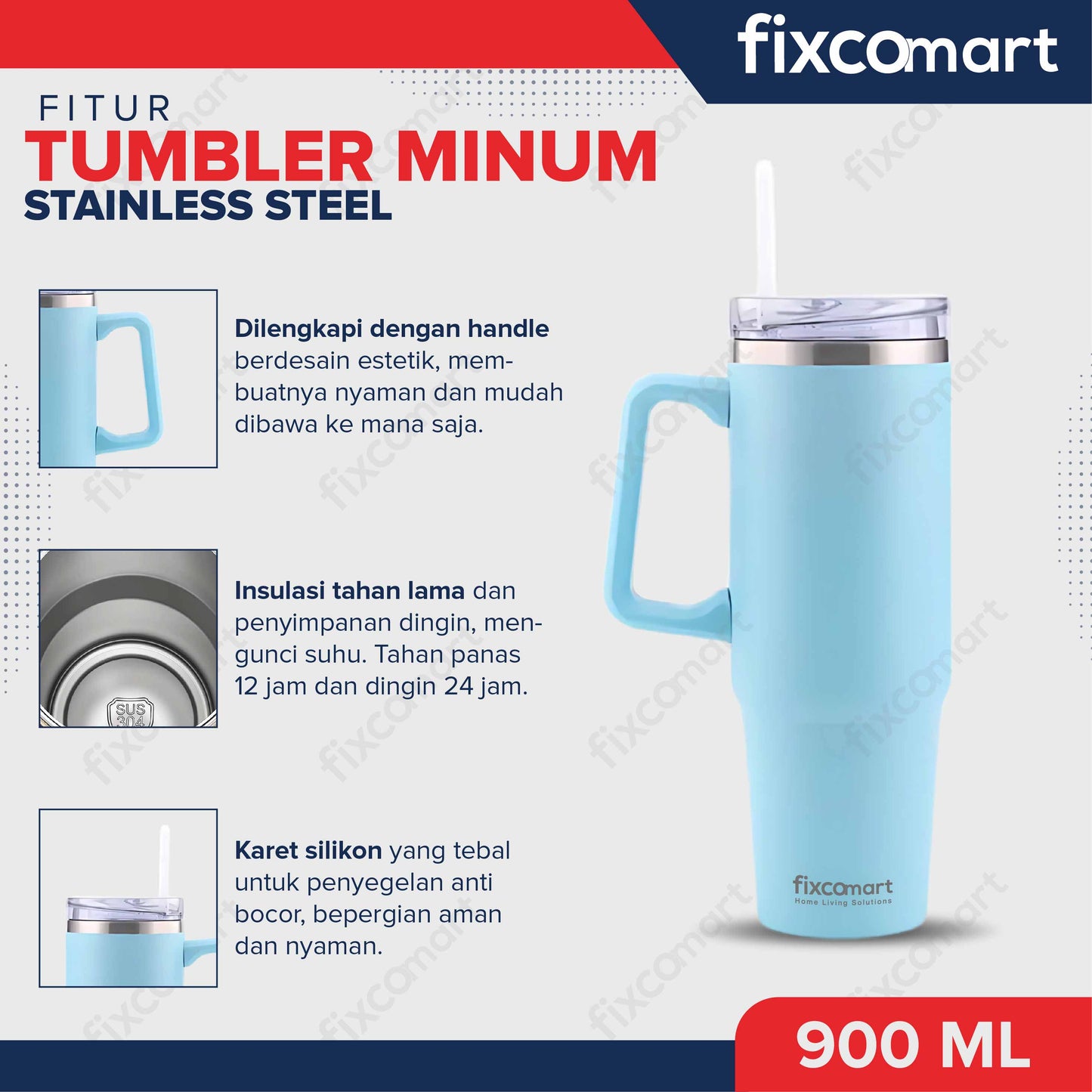 FIXCOMART TUMBLER STAINLESS GAGANG 900ML - Botol Minum besar Menjaga suhu Panas dan Dingin portable BPA FREE STAINLESS 304 - Botol Minum Dengan Gagang 900ML