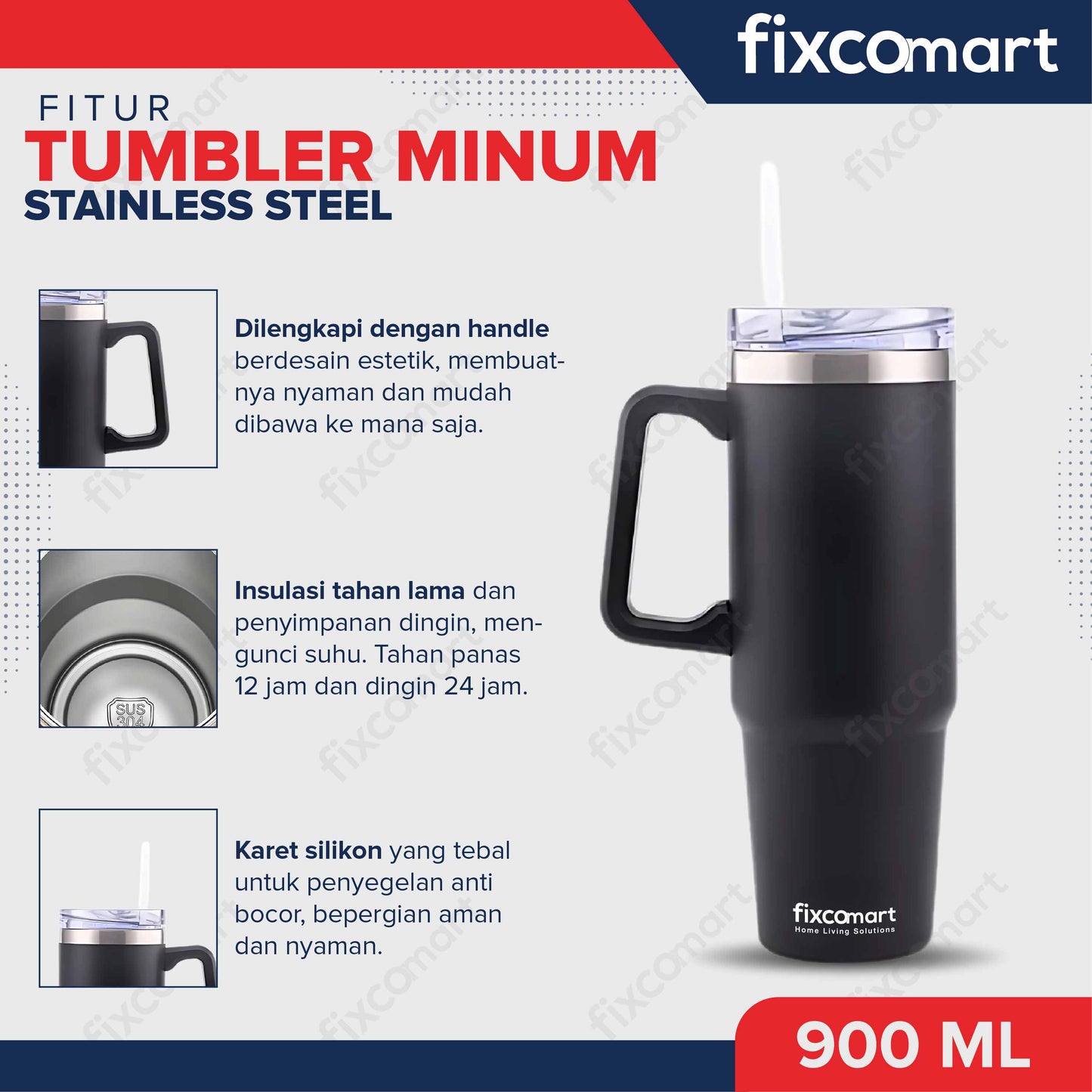 FIXCOMART TUMBLER STAINLESS GAGANG 900ML - Botol Minum besar Menjaga suhu Panas dan Dingin portable BPA FREE STAINLESS 304 - Botol Minum Dengan Gagang 900ML