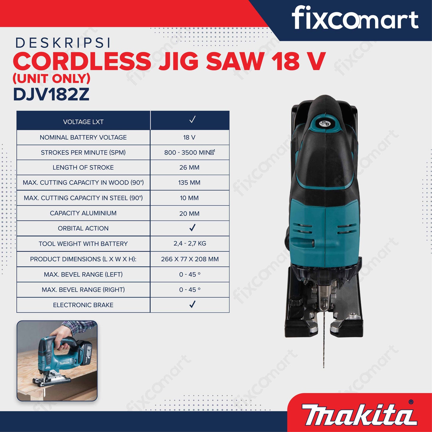 Makita Cordless Jig Saw DJV182Z 18 V Unit Only - Gergaji Potong Tanpa Kabel
