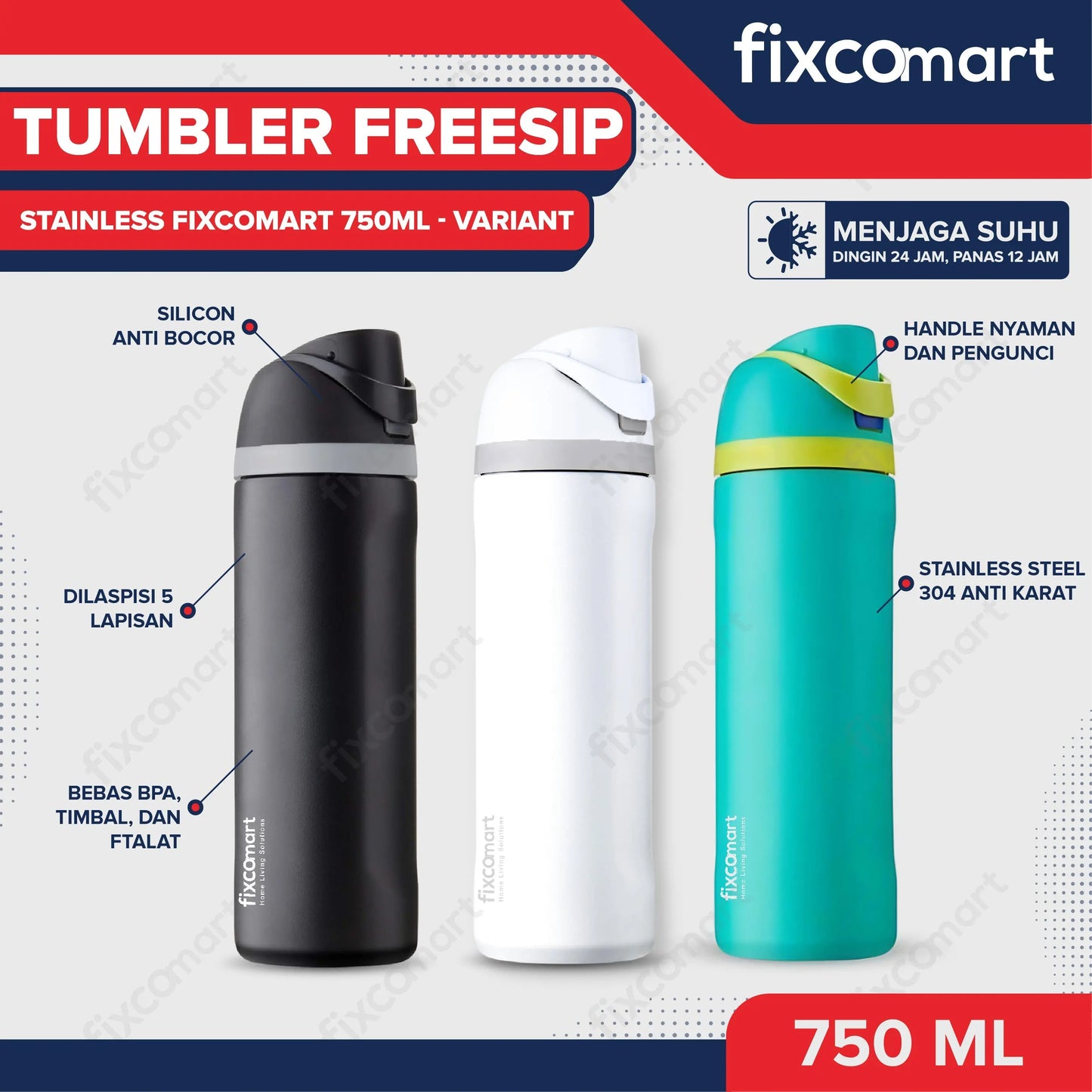 🎁 FIXCOMART TUMBLER STAINLESS 304 GAGANG 750ML - Botol Minum besar Menjaga suhu Panas dan Dingin portable BPA FREE STAINLESS - Botol Minum 750ML (100% off) FIXCOMART