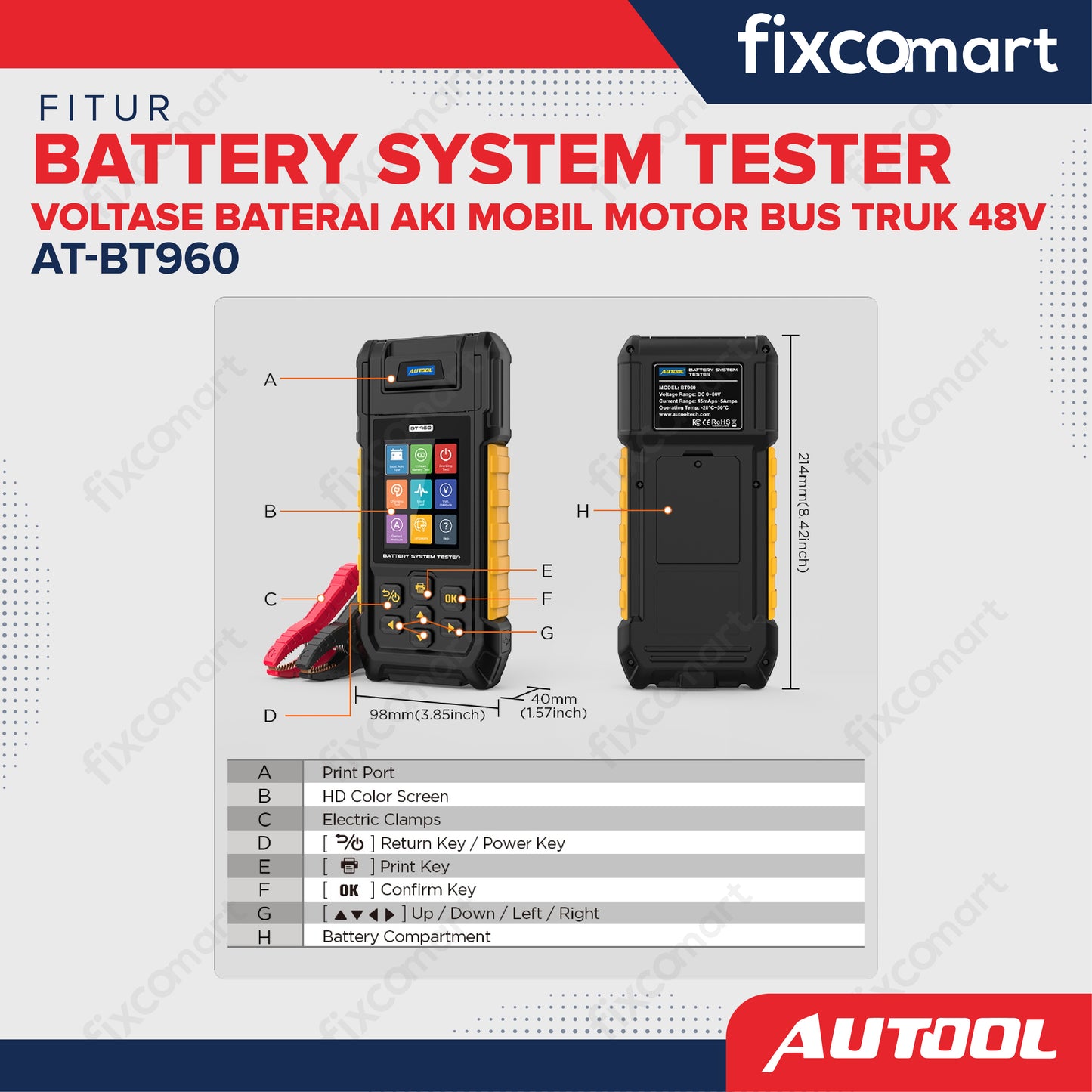 AUTOOL AT-BT960 Battery System Tester – Alat Uji Baterai Aki Mobil, Motor, Bus, dan Truk 48V