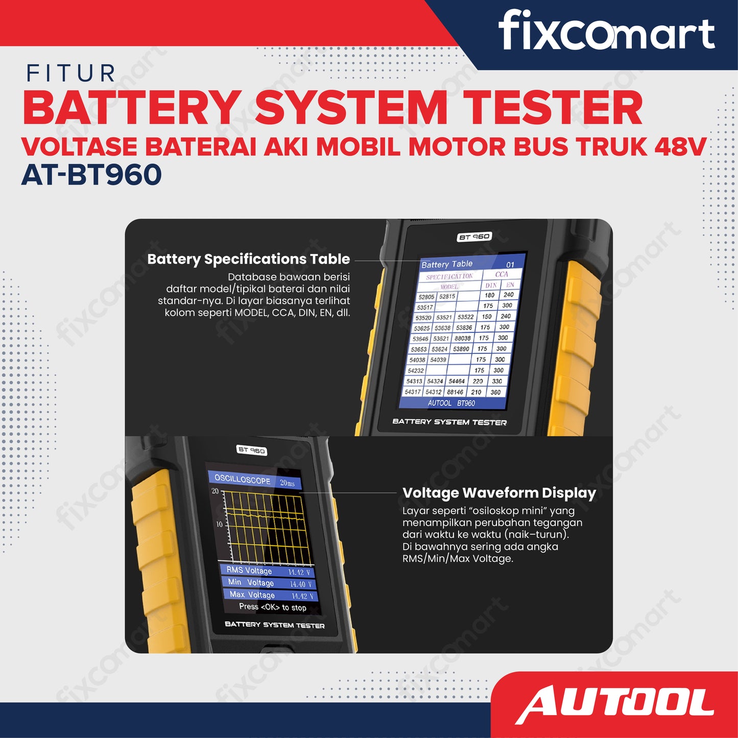 AUTOOL AT-BT960 Battery System Tester – Alat Uji Baterai Aki Mobil, Motor, Bus, dan Truk 48V
