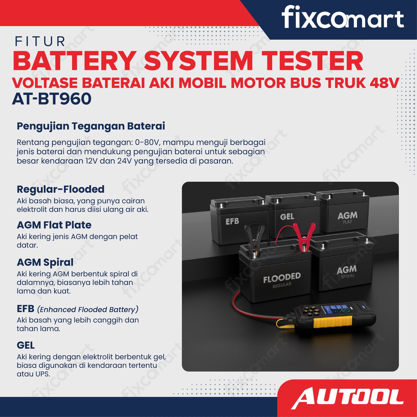 AUTOOL AT-BT960 Battery System Tester – Alat Uji Baterai Aki Mobil, Motor, Bus, dan Truk 48V