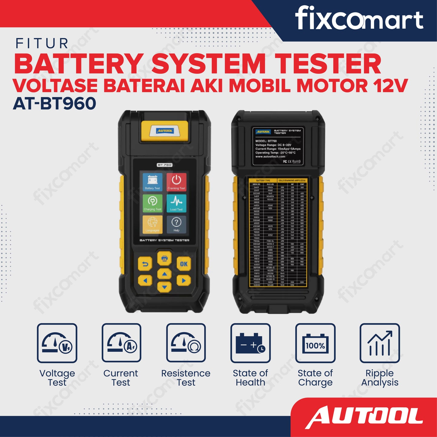 Autool BT760 Battery System Tester Tester Voltase Baterai Aki Mobil Motor 12V - AUTOOL AT-BT960 – Battery System Tester Voltase Baterai Aki Mobil Motor 12V