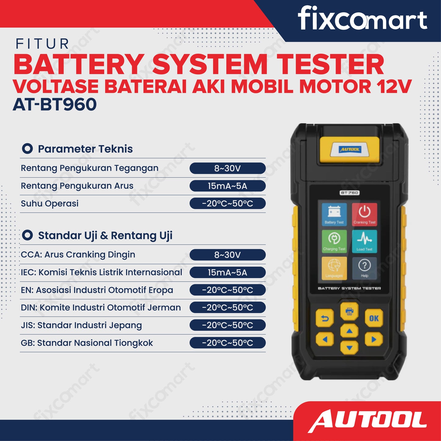 Autool BT760 Battery System Tester Tester Voltase Baterai Aki Mobil Motor 12V - AUTOOL AT-BT960 – Battery System Tester Voltase Baterai Aki Mobil Motor 12V