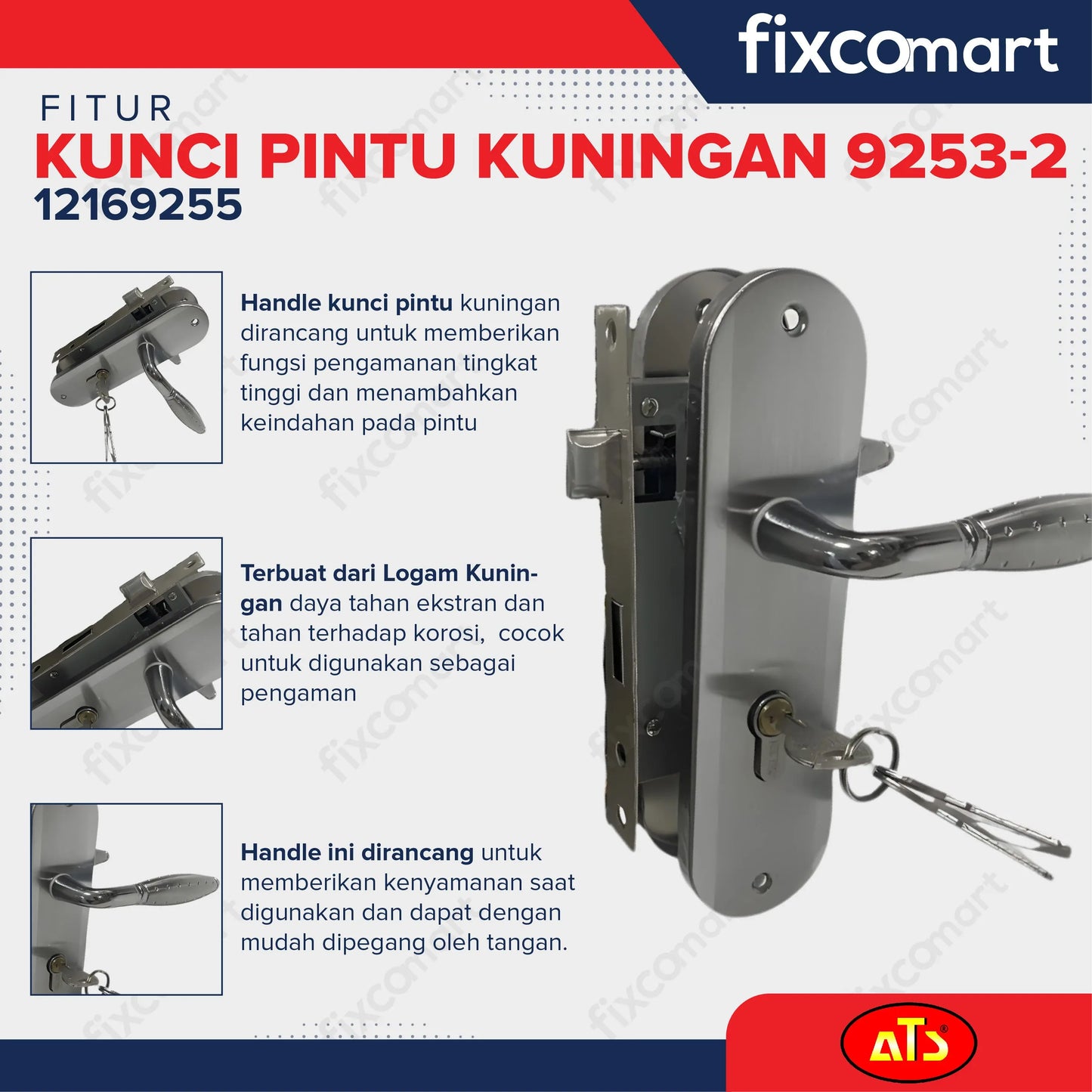 KUNCI PINTU ATS PRO CYL. KUNINGAN 9253-2 (SN/CP) FIXCOMART