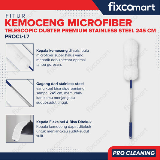 Fixcomart Pro Cleaning Kemoceng Microfiber Telescopic Duster Stainless Steel 245cm - Pembersih Debu Plafon Kemoceng Microfiber Flexible