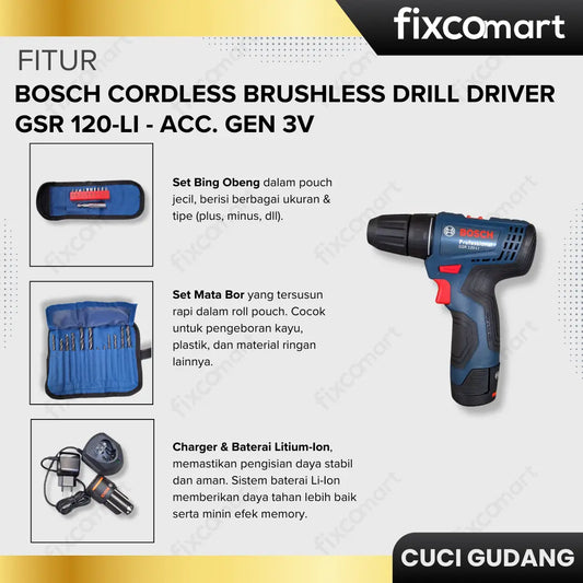 GARAGE SALE - BOSCH CORDLESS BRUSHLESS DRILL DRIVER GSR 120-LI - ACC. GEN 3 FIXCOMART