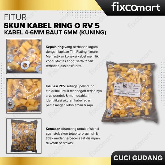 GARAGE SALE-Skun Kabel Ring O RV 5.5-6 Kabel 4-6mm Baut 6mm (Kuning) (1 Pack isi 100) FIXCOMART