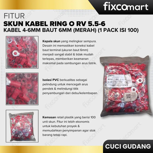 GARAGE SALE-Skun Kabel Ring O RV 5.5-6 Kabel 4-6mm Baut 6mm (Merah) (1 Pack isi 100) FIXCOMART