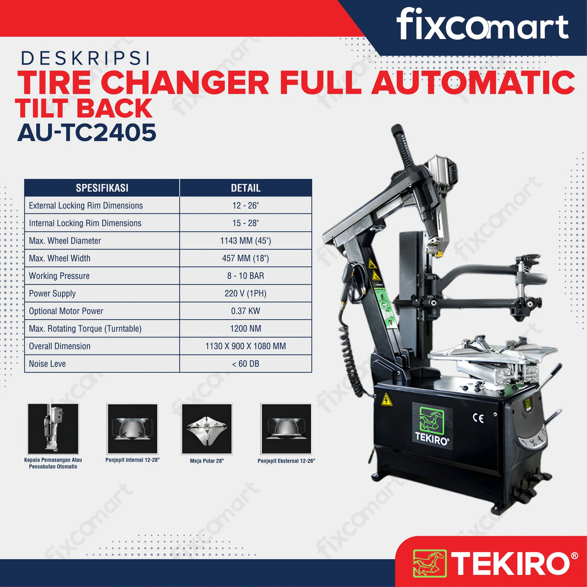 Tekiro Tire Changer Full Automatic Tilt Black - Mesin Pembuka Ban Automatic Tekiro AU-TC2405 FIXCOMART