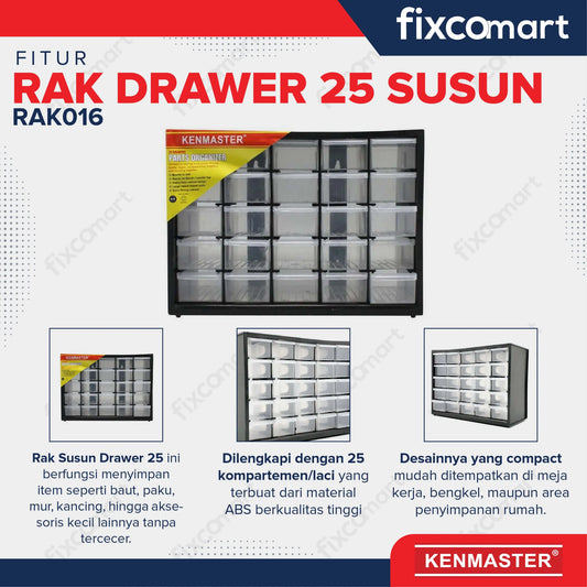 Kenmaster Rak Drawer 25 Susun - Kotak Penyimpanan Partisi Baut Paku Komponen Tools FIXCOMART
