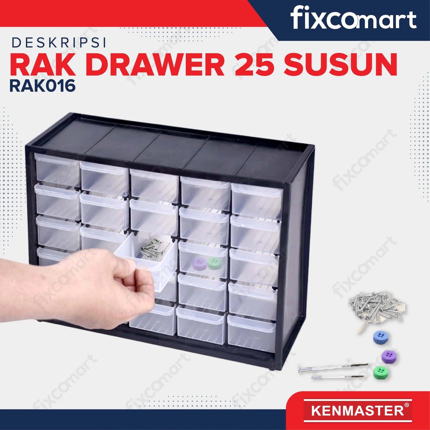 Kenmaster Rak Drawer 25 Susun - Kotak Penyimpanan Partisi Baut Paku Komponen Tools FIXCOMART