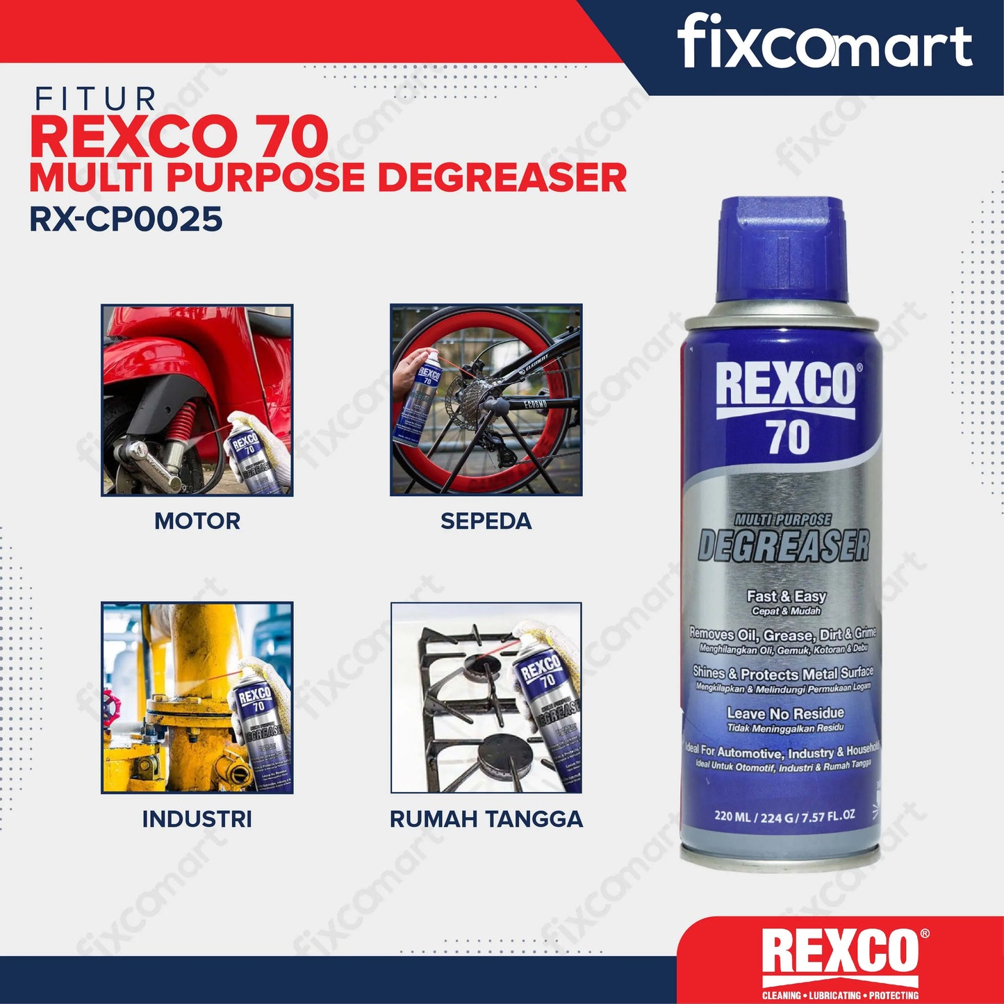 Rexco 70 Multi Purpose Degreaser 220ml Pembersih Gemuk Oli Serbaguna FIXCOMART
