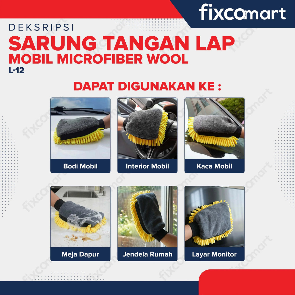 FIXCOMART Sarung Tangan Lap Mobil Microfiber Wool Dual Side Car Wash Glove Premium FIXCOMART