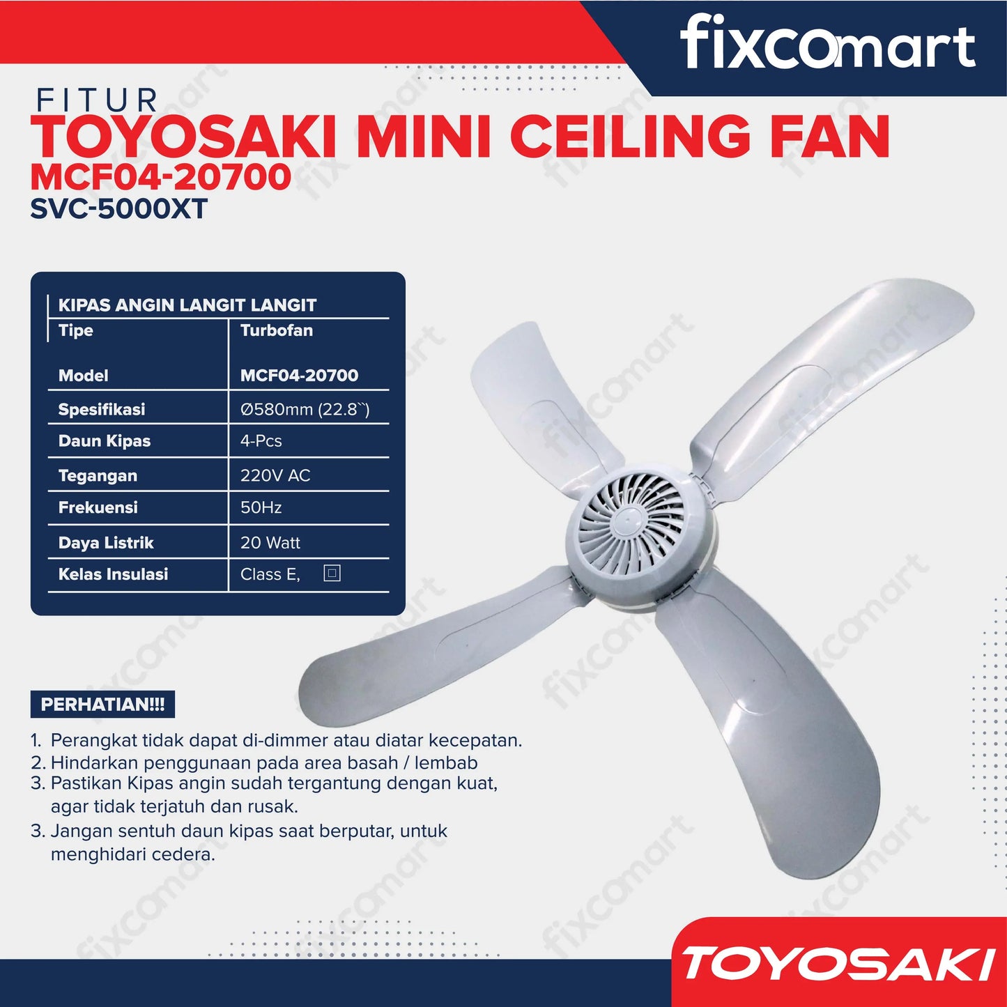 TOYOSAKI MINI CEILING FAN 22.8 Inch FIXCOMART
