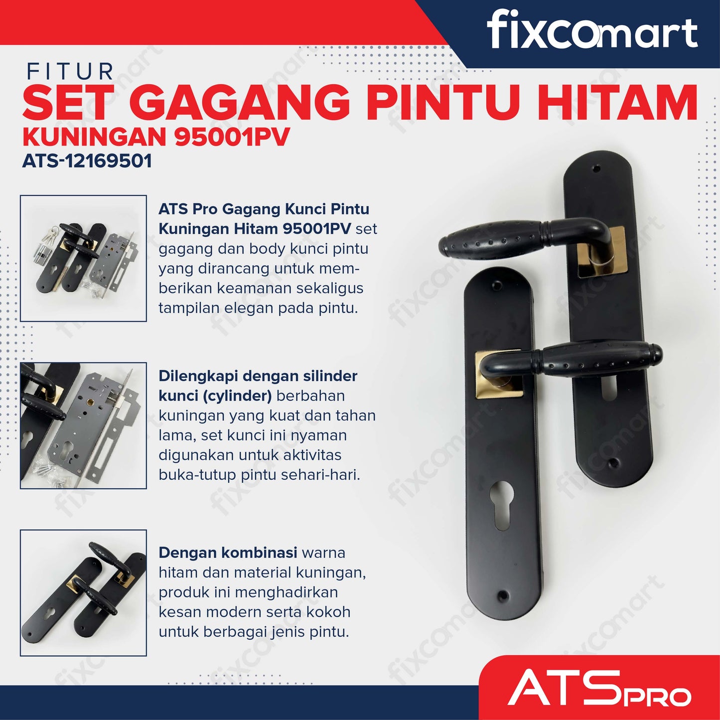 ATS Pro Gagang Body Kunci Pintu Kuningan Set Besar HITAM CYL. KUNINGAN 95001PV