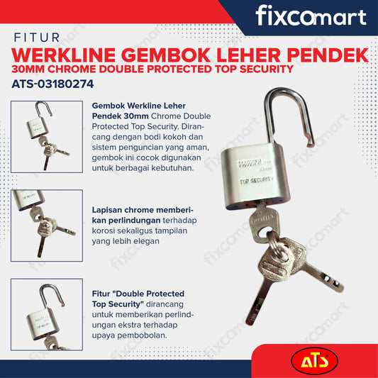 Gembok Werkline Leher Pendek 30mm Chrome Double Protected Top Security FIXCOMART