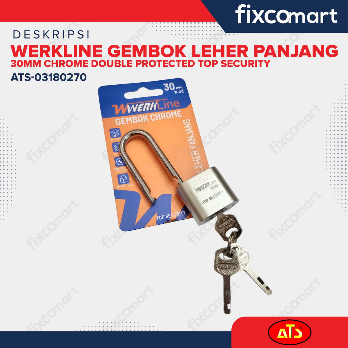 Gembok Werkline Leher Panjang 30mm Chrome Double Protected Top Security FIXCOMART