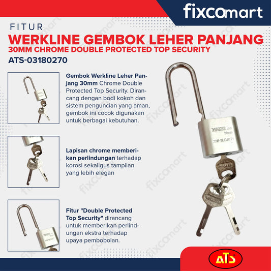 Gembok Werkline Leher Panjang 30mm Chrome Double Protected Top Security FIXCOMART