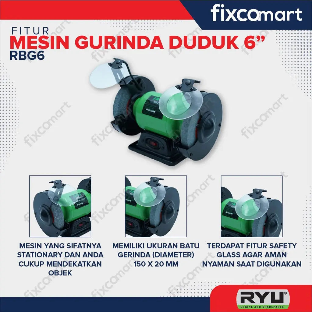 Ryu Bench Grinder Mesin Gerinda Duduk 6 Inch RGB6 250 Watt Bench Grinders FIXCOMART