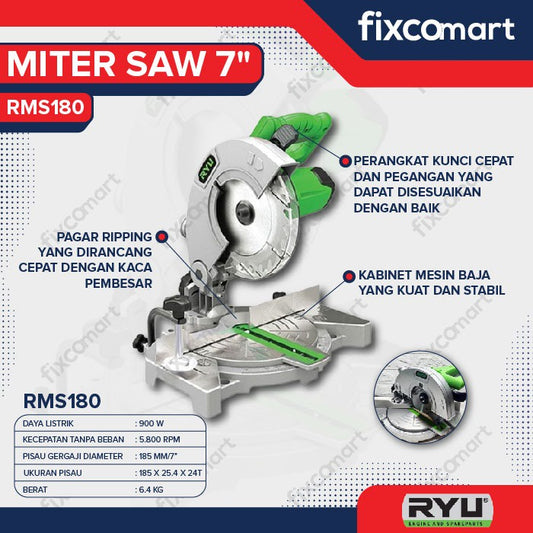 RYU Miter Saw Ryu Rms180 7" Mesin Potong Alumunium 7 Inch