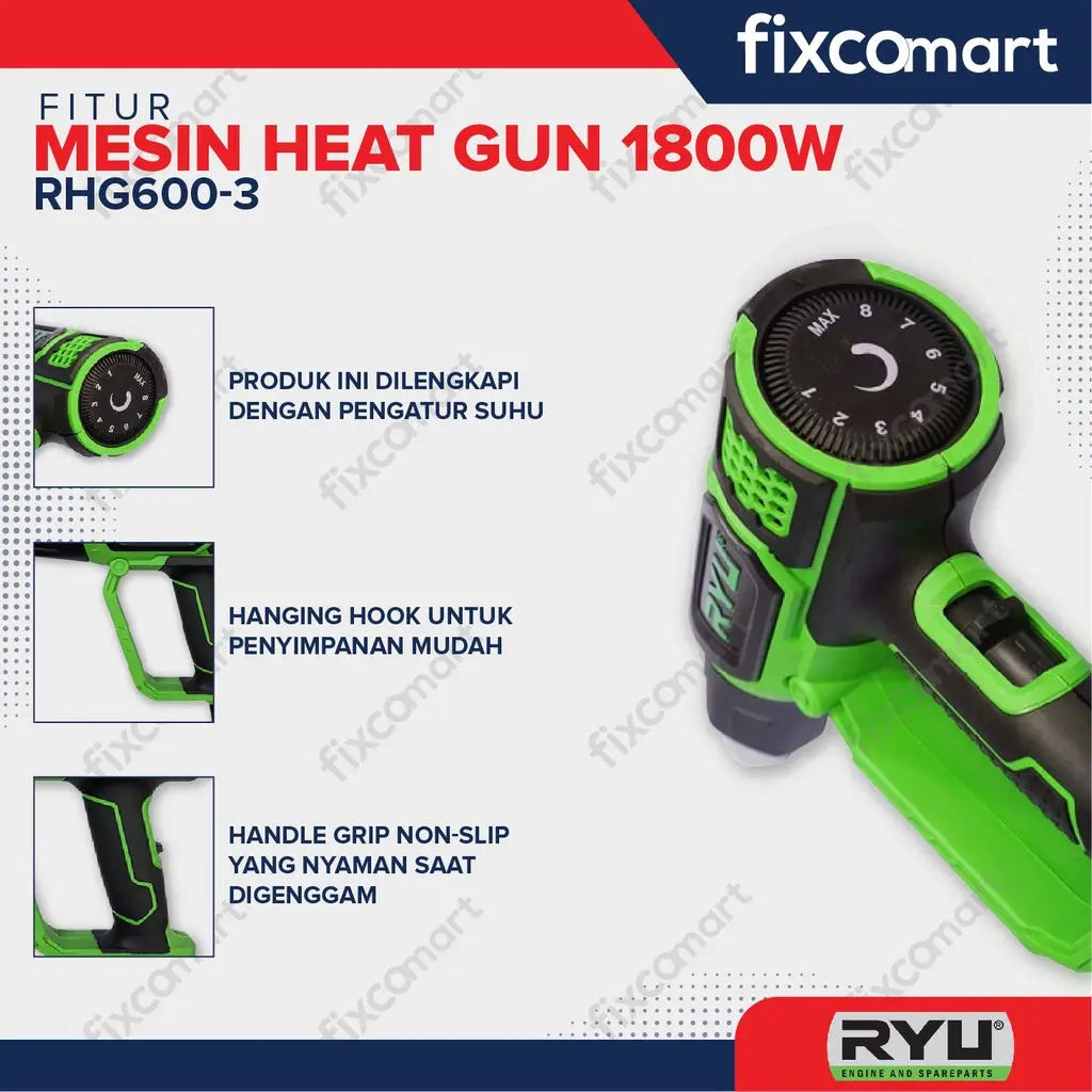 Ryu Heat Gun / Mesin Hot Gun / Pemanas Tangan Rhg 600-3 1800 W FIXCOMART