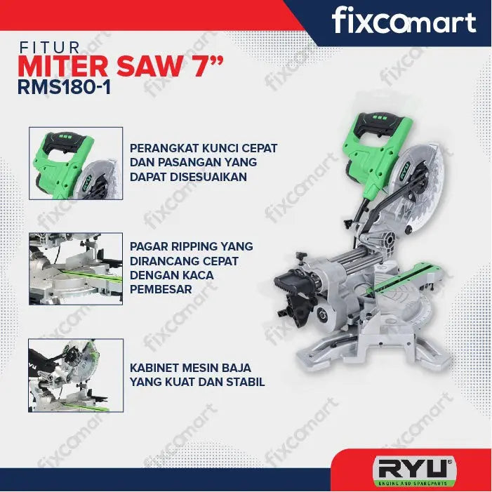 Ryu Mitter Saw 7 Inch Rms 180-1 Sliding Potong Alumunium Besi Kayu FIXCOMART