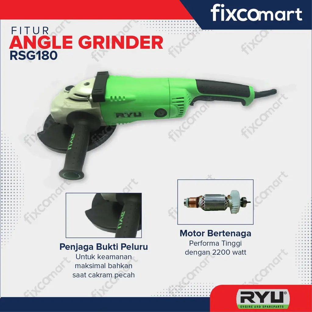 Ryu Angle Grinder / Mesin Gurinda Tangan 7 Inch Rsg 180 2200 W FIXCOMART
