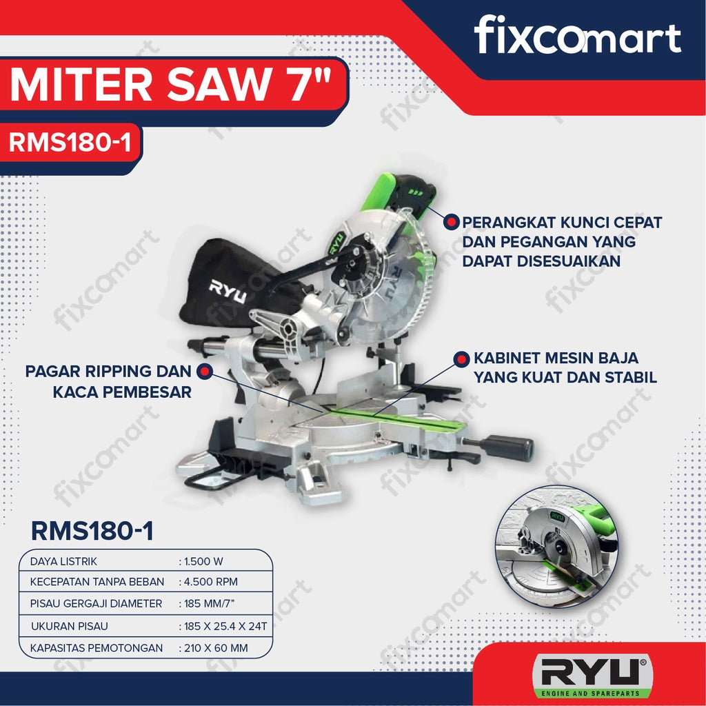 Ryu Mitter Saw 7" Inch Rms 180-1 Sliding Potong Alumunium Besi Kayu