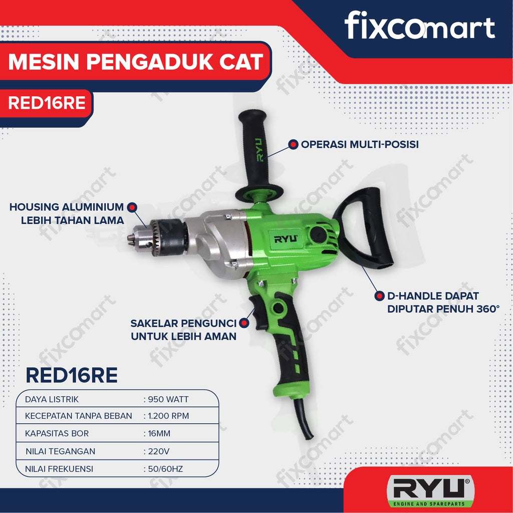 Ryu Electric Mixer Pengaduk Cat Red 16 Mesin Otomatis Red16Re