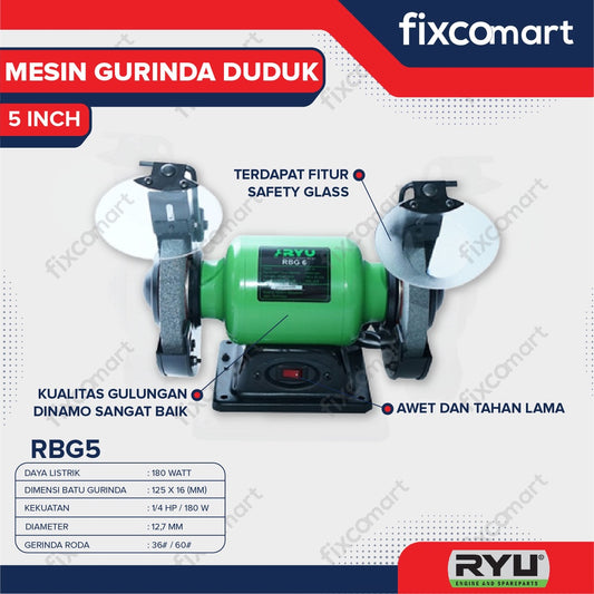 Ryu Bench Grinder / Mesin Gurinda Duduk / Mesin Grinder Sander Rbg 5 180 Watt