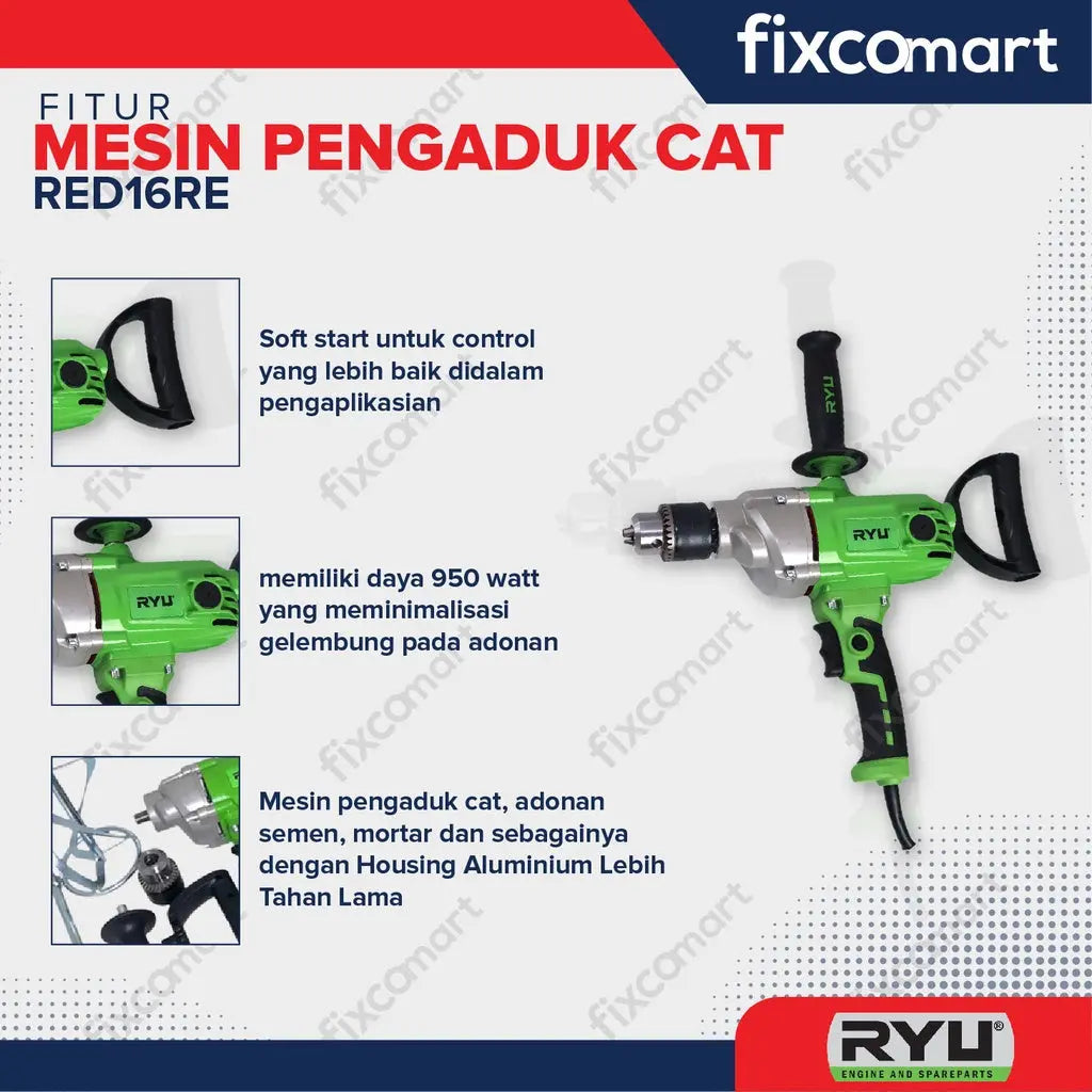 Ryu Electric Mixer Pengaduk Cat Red 16 Mesin Otomatis Red16Re FIXCOMART