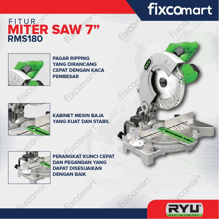 RYU Miter Saw Ryu Rms180 7" Mesin Potong Alumunium 7 Inch