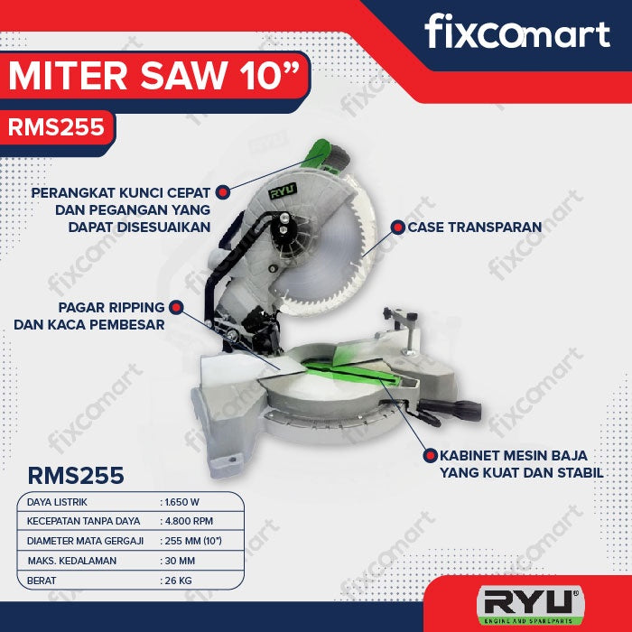 RYU Mesin Potong Aluminium Miter Saw Ryu Rms 255 10 Inchi