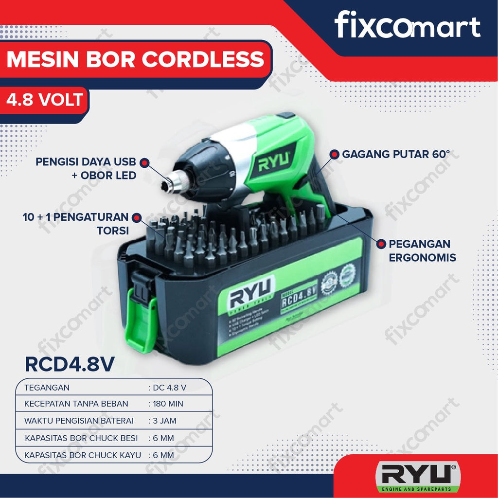 Ryu Cordless 4.8 V With Usb Charger / Ryu Mesin Bor Cordless 4.8 Volt Rcd4.8V/ Rcd 4.8 V