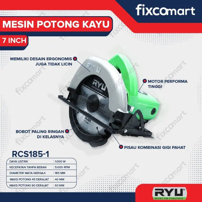 RYU Circular Saw / Mesin Potong Kayu 7 Inch RCS 185 FIXCOMART