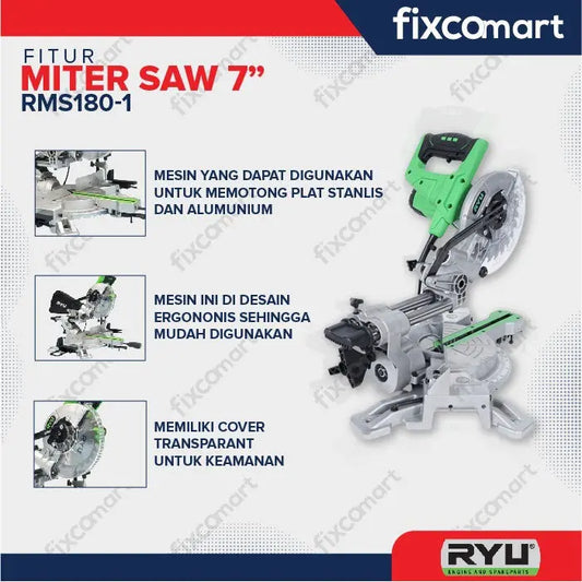 Ryu Mitter Saw 7 Inch Rms 180-1 Sliding Potong Alumunium Besi Kayu FIXCOMART