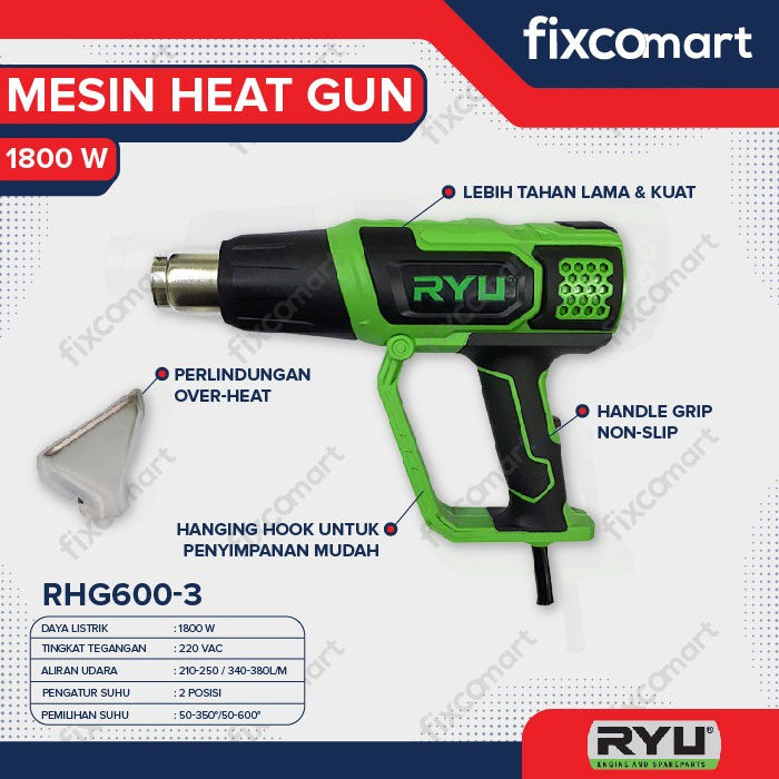 Ryu Heat Gun / Mesin Hot Gun / Pemanas Tangan Rhg 600-3 1800 W