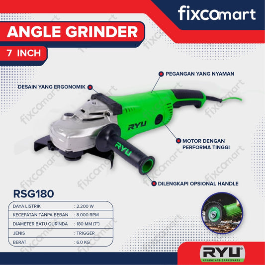 Ryu Angle Grinder / Mesin Gurinda Tangan 7 Inch Rsg 180 2200 W